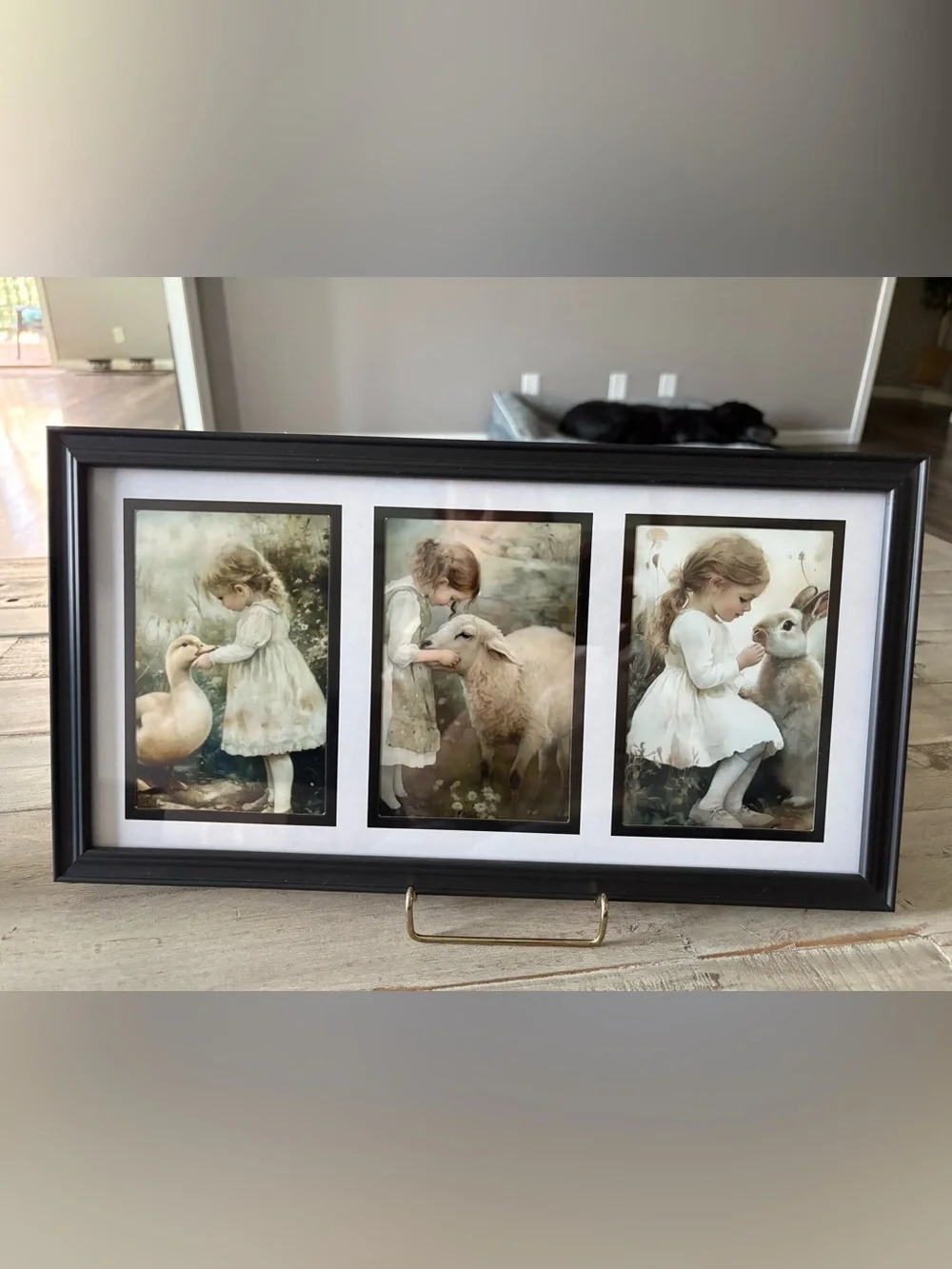 Framed Trio Nursery Art Print - Girl with Animals , 15”x8”